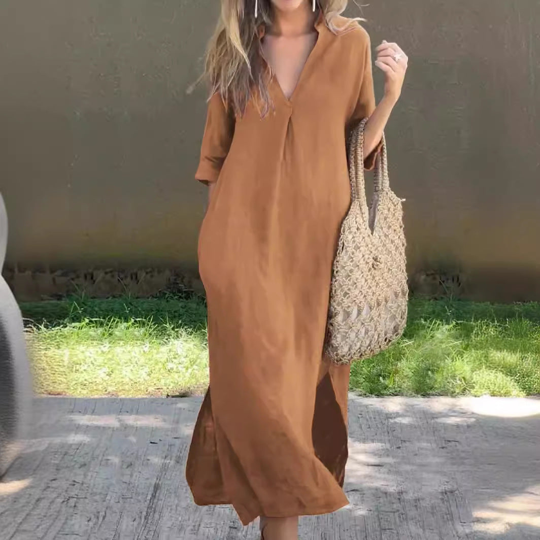 Loredana |  Vestido largo de mujer con cuello en V y mangas holgadas | Elegante