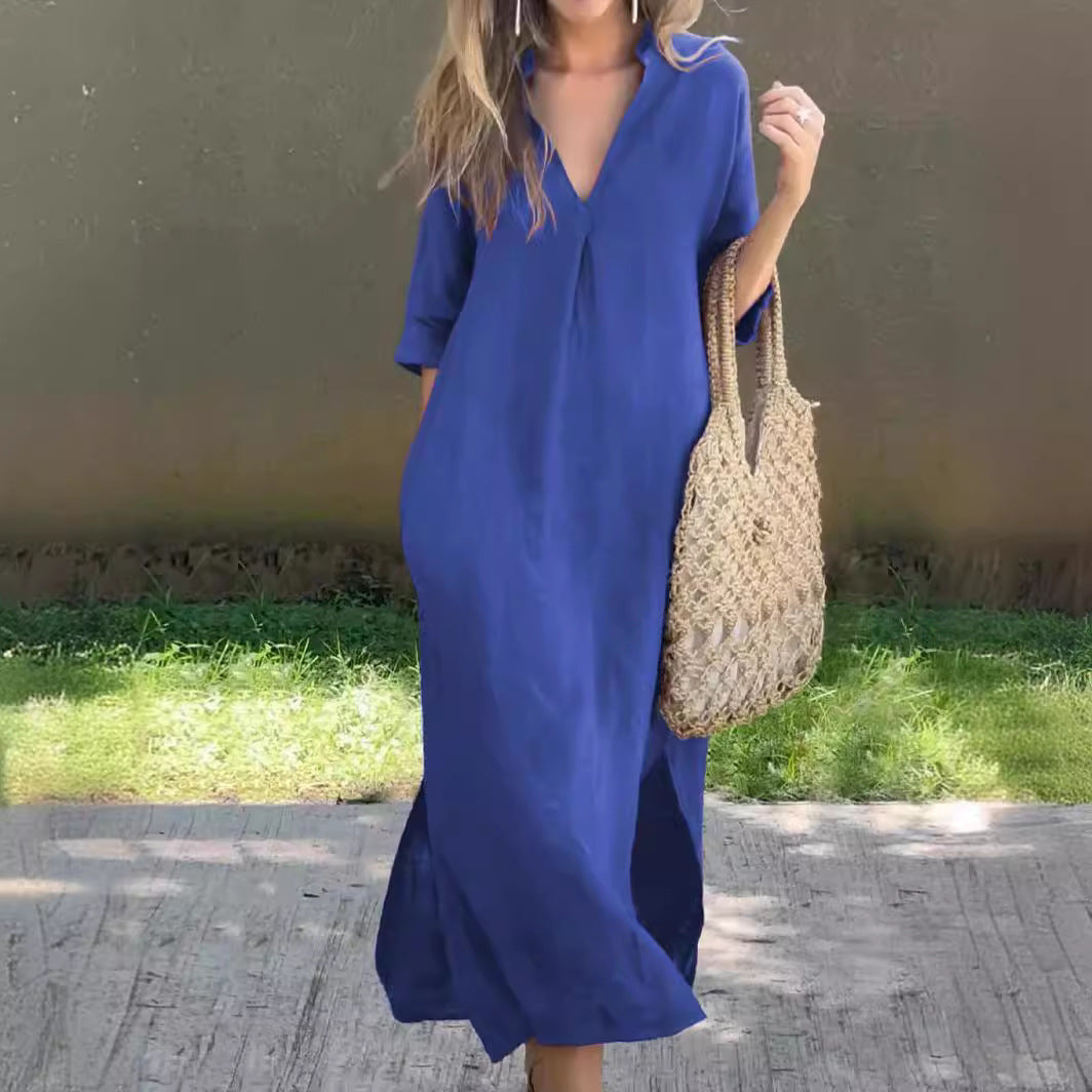 Loredana |  Vestido largo de mujer con cuello en V y mangas holgadas | Elegante