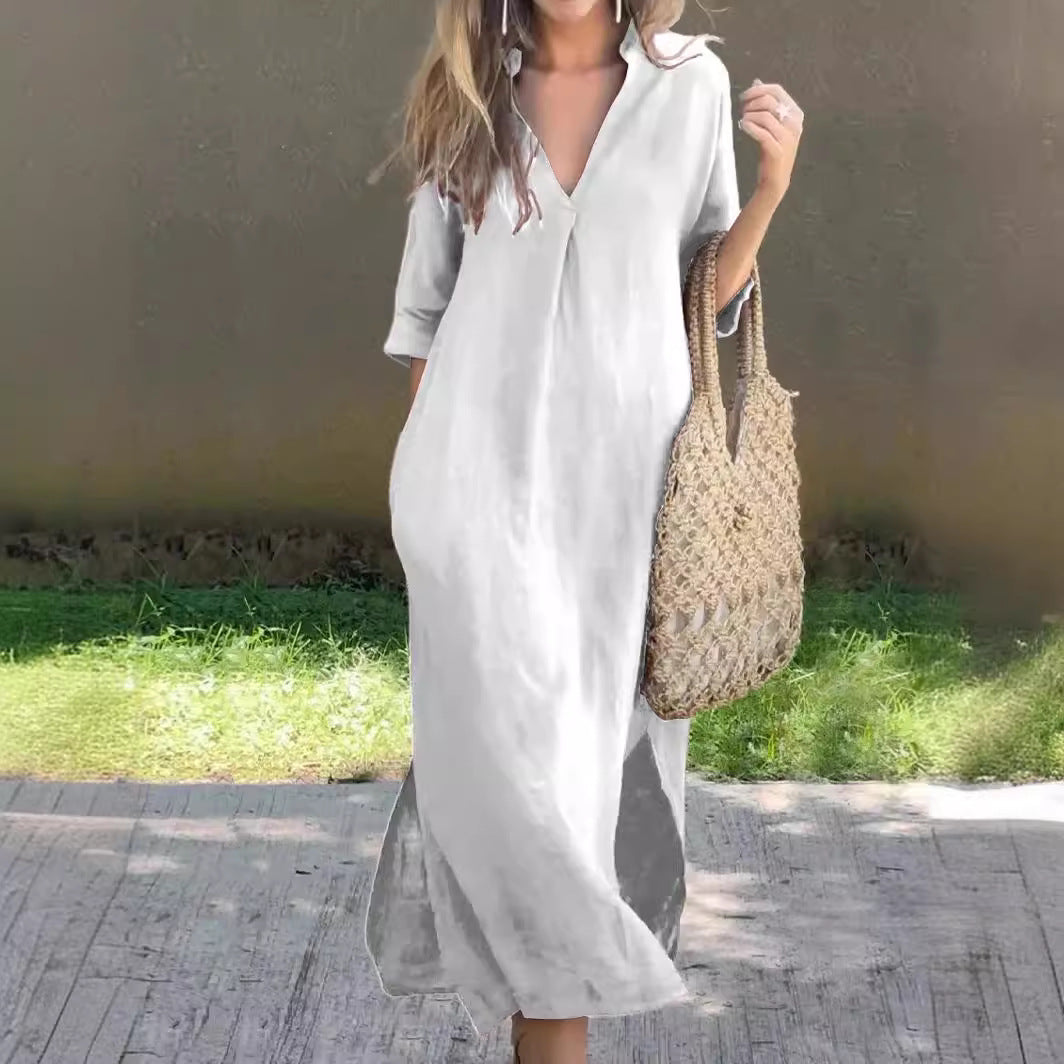 Loredana |  Vestido largo de mujer con cuello en V y mangas holgadas | Elegante