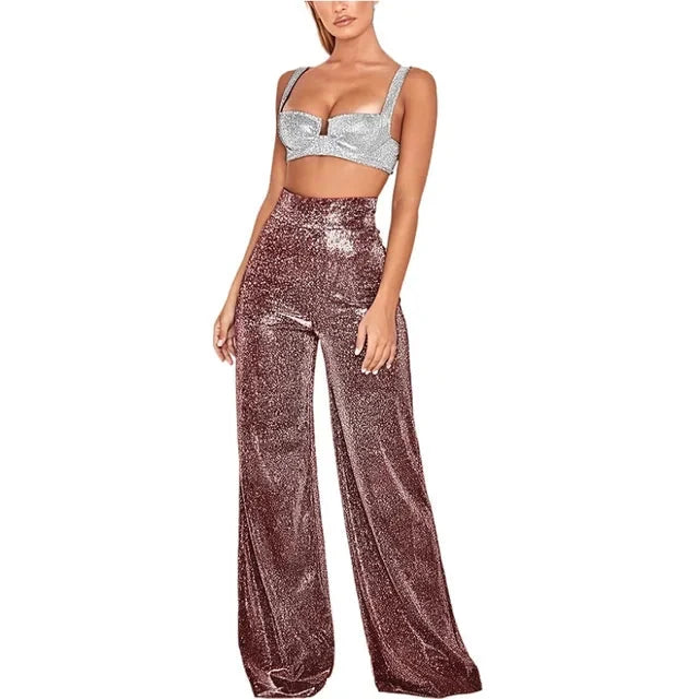 Pantalones de mujer con cintura alta y detalles de lentejuelas brillantes