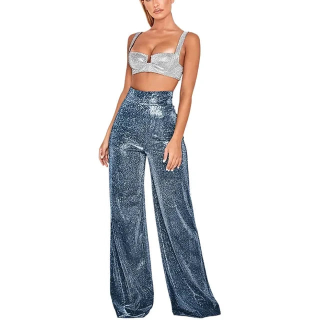 Pantalones de mujer con cintura alta y detalles de lentejuelas brillantes