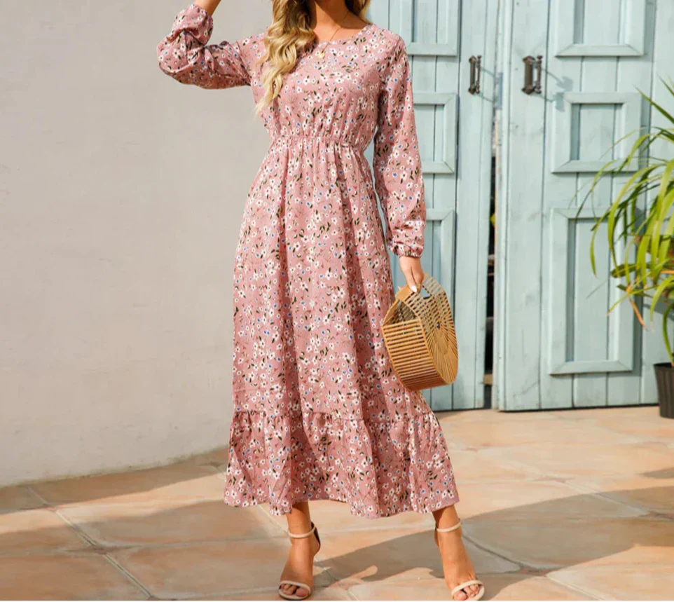 Abril | Vestido maxi para mujer con manga larga y estampado floral de verano