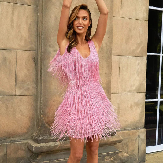 Isidora | Vestido de cóctel para mujer con flecos y plumas