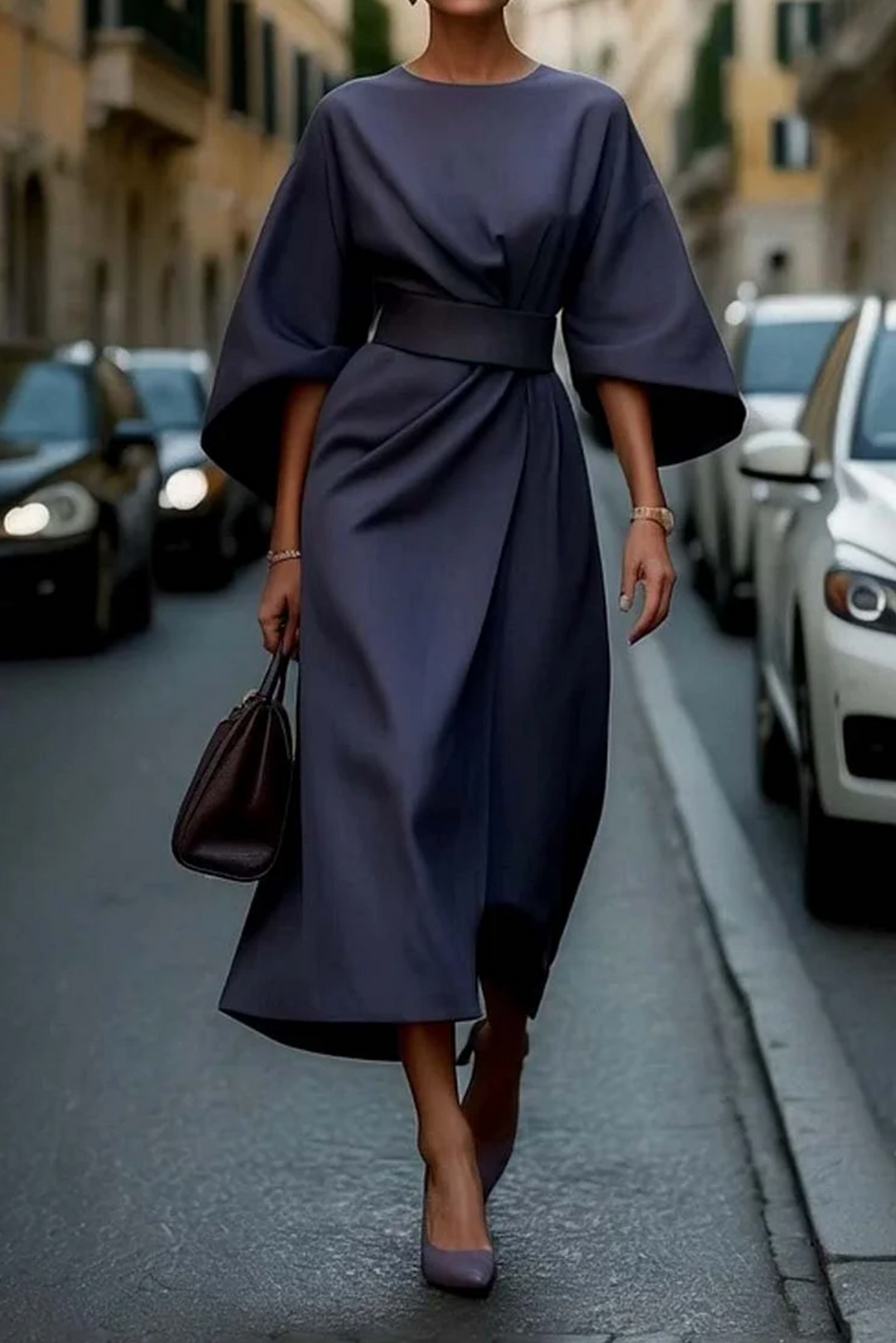 Naiara | Vestido elegante para mujer con mangas farol y cinturón