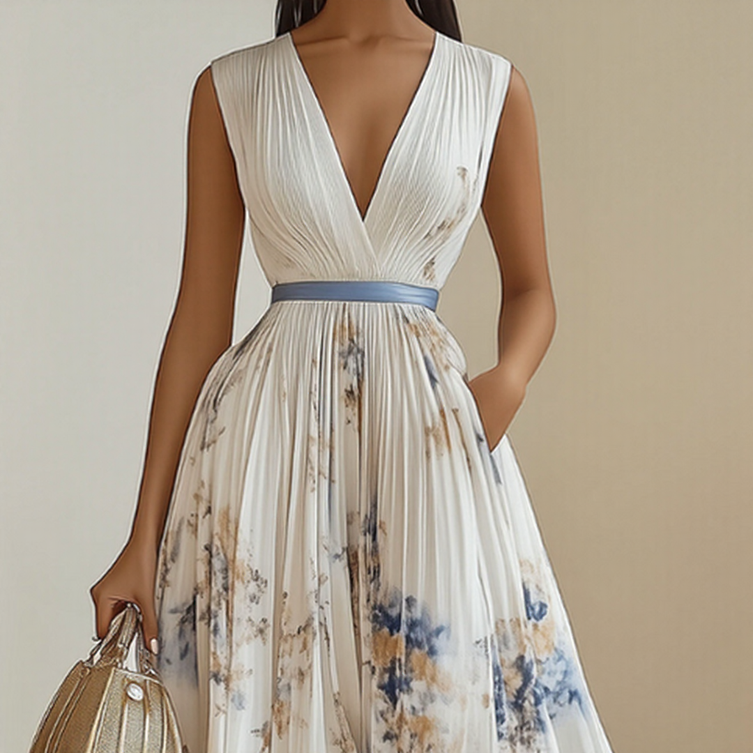 Rosella | Vestido Largo Plisado Floral con Escote en V