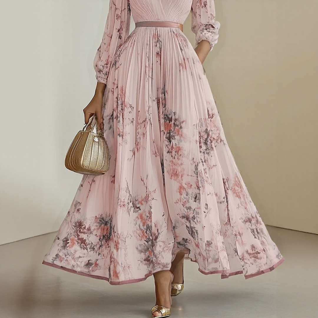 Rosella | Vestido Largo Plisado Floral con Escote en V