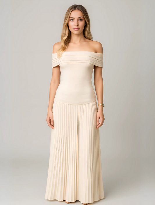 Dalina | Vestido maxi plisado con hombros descubiertos para mujer