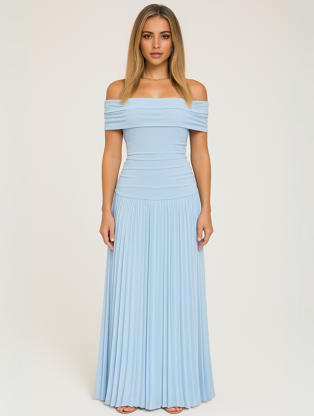 Dalina | Vestido maxi plisado con hombros descubiertos para mujer