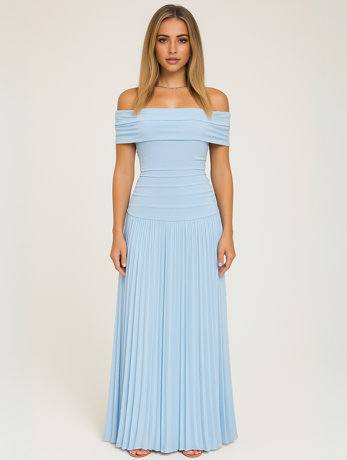 Dalia | Vestido maxi de boda plisado con diseño sin hombros para mujer