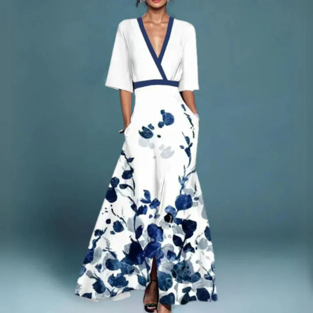 Verónica | Vestido maxi elegante con estampado floral y escote cruzado