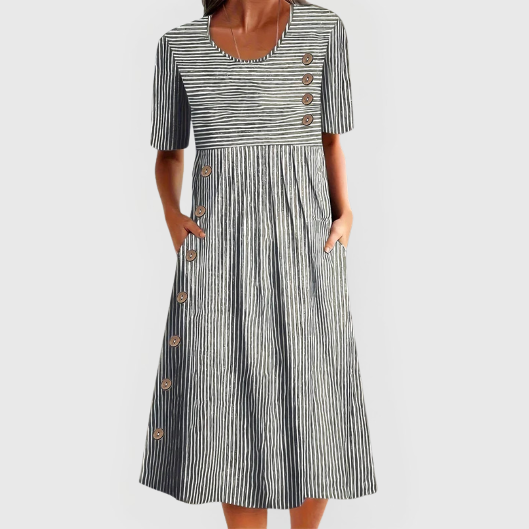 Carmen | Vestido midi de mujer con rayas y botones decorativos