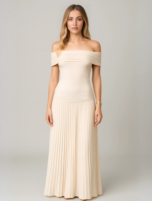Dalia | Vestido maxi de boda plisado con diseño sin hombros para mujer