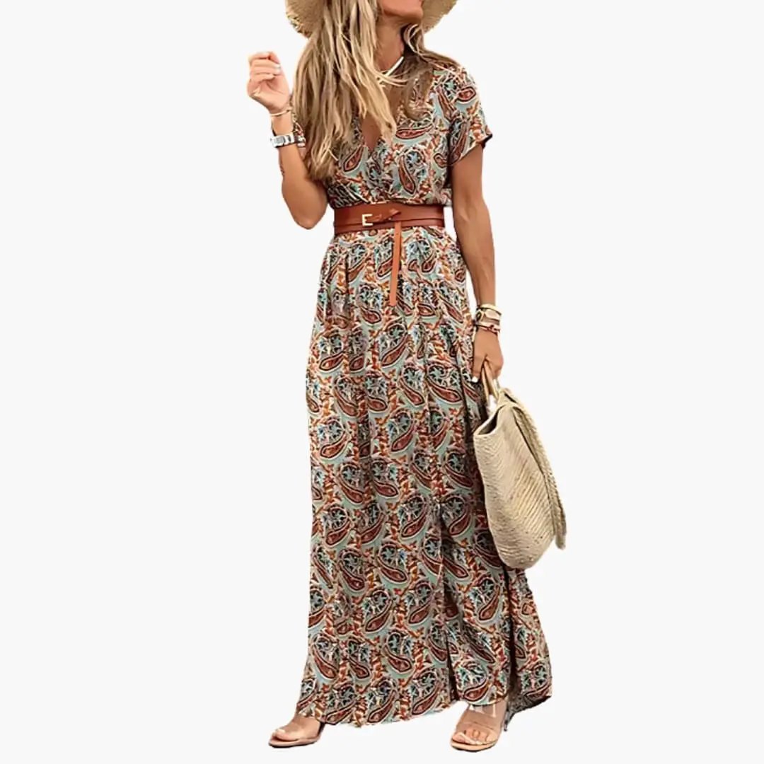 Rosa | Vestido maxi para mujer con manga corta y cintura fruncida