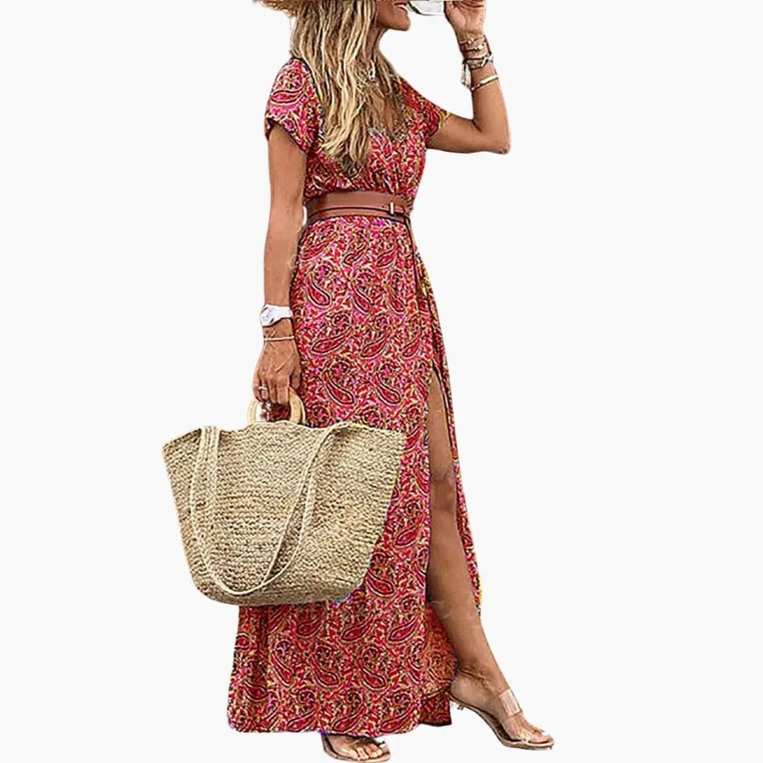 Rosa | Vestido maxi para mujer con manga corta y cintura fruncida