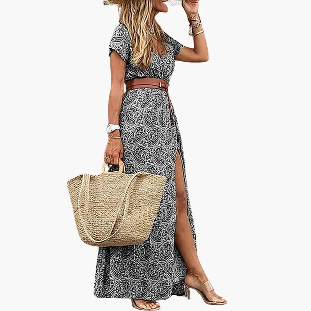 Rosa | Vestido maxi para mujer con manga corta y cintura fruncida