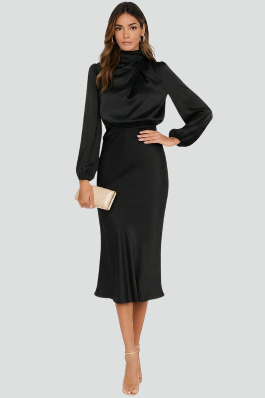Dafne | Vestido midi de mujer con cuello alto y manga larga
