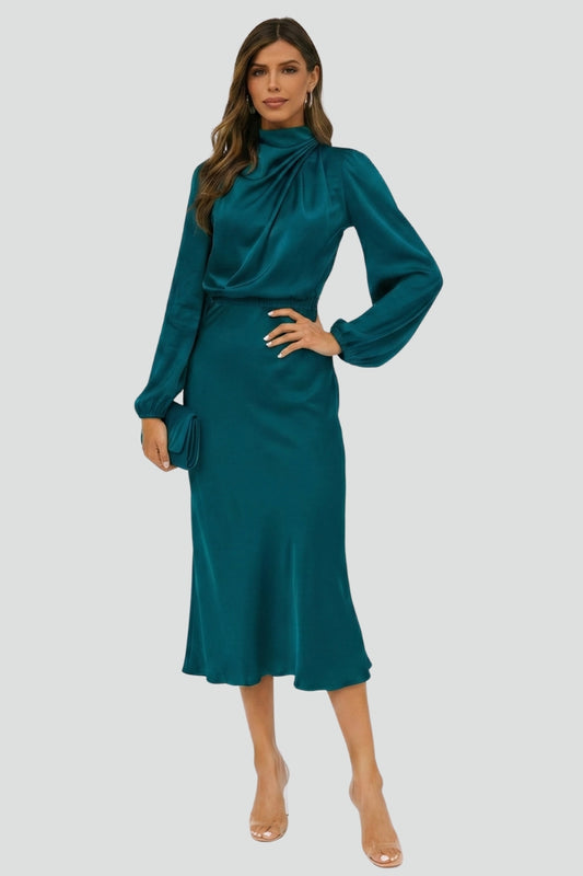 Dafne | Vestido midi de mujer con cuello alto y manga larga