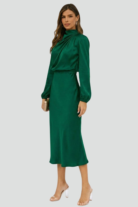 Dafne | Vestido midi de mujer con cuello alto y manga larga