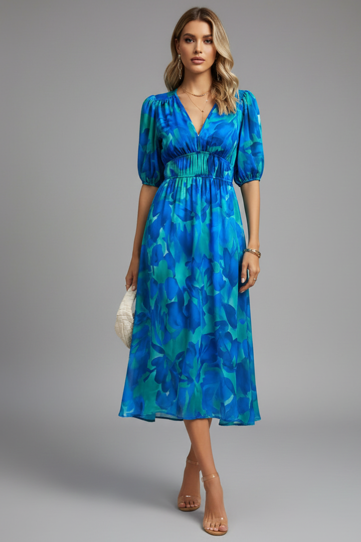 Mónica | Vestido midi de mujer con estampado floral y escote en V