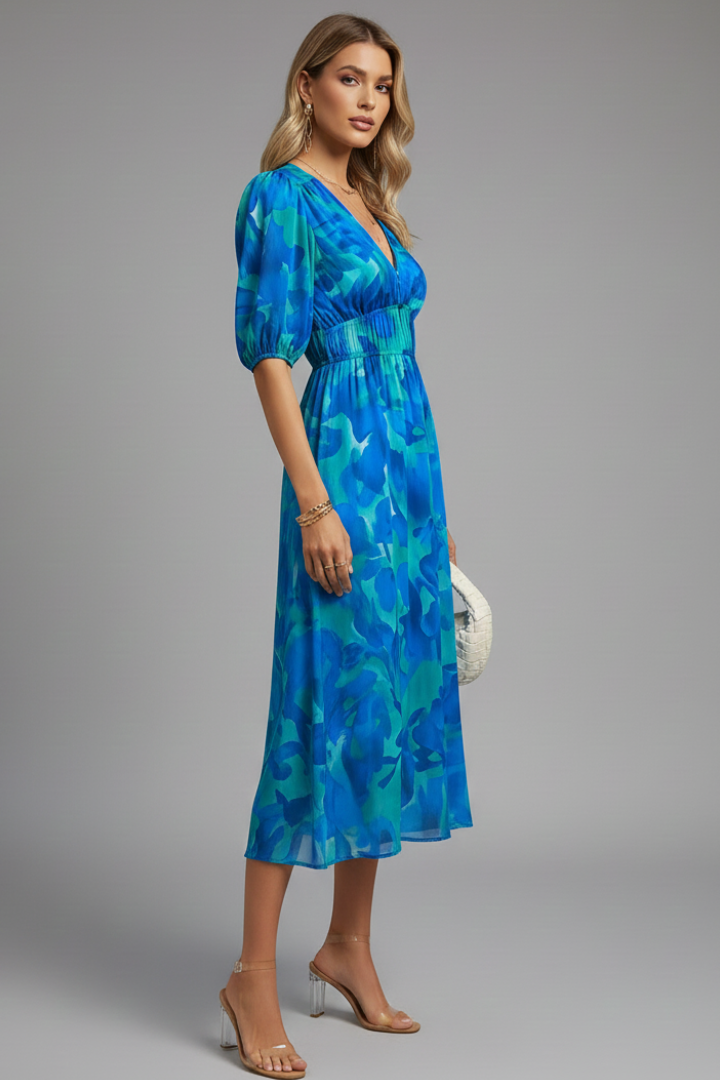 Mónica | Vestido midi de mujer con estampado floral y escote en V