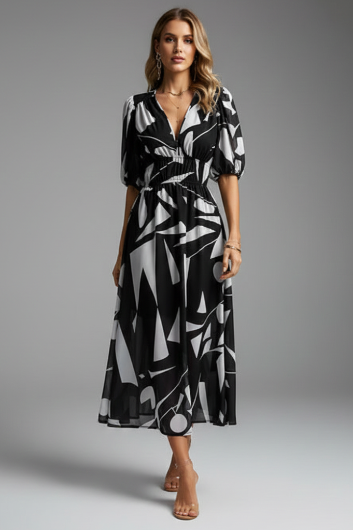 Mónica | Vestido midi de mujer con estampado floral y escote en V