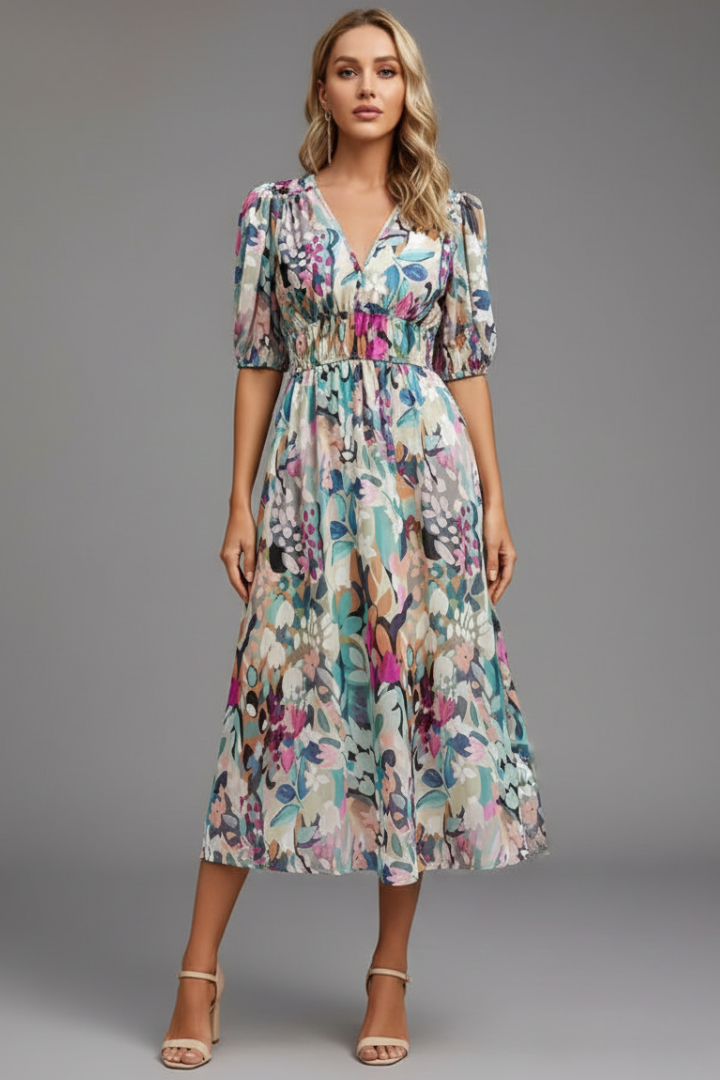Mónica | Vestido midi de mujer con estampado floral y escote en V