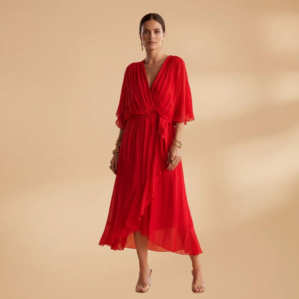 Angela | Vestido de gasa para mujer con cuello en V y vuelo