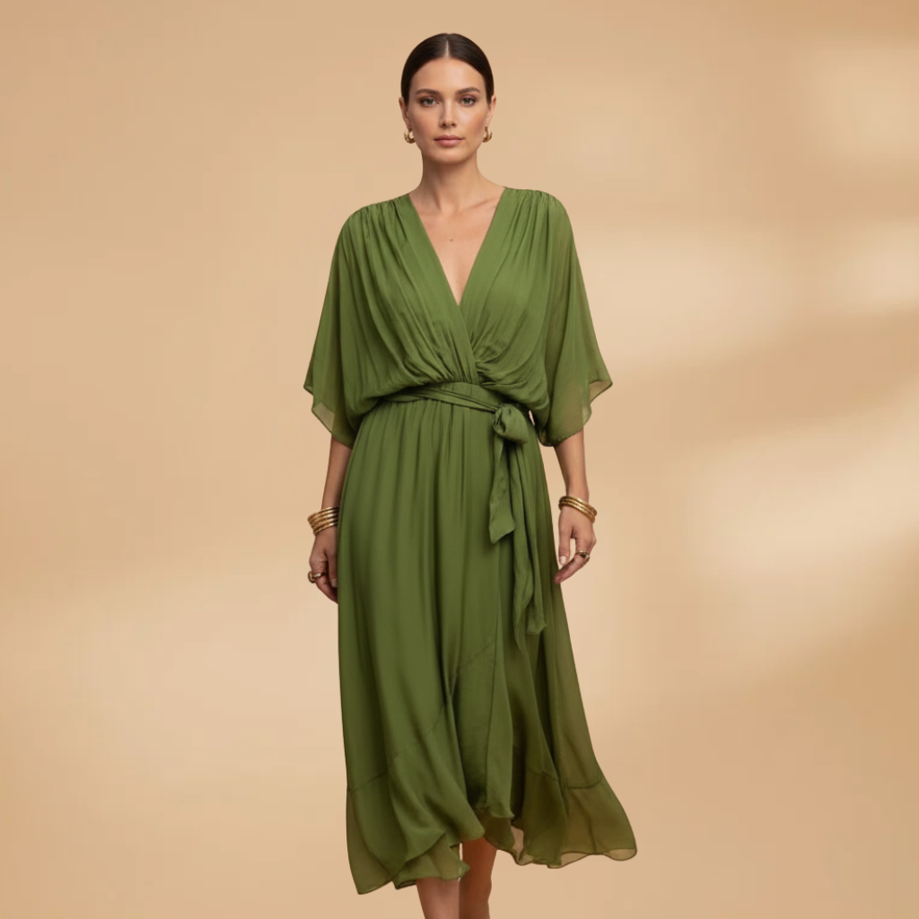 Angela | Vestido de gasa para mujer con cuello en V y vuelo