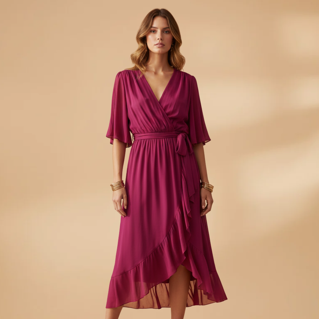 Angela | Vestido de gasa para mujer con cuello en V y vuelo