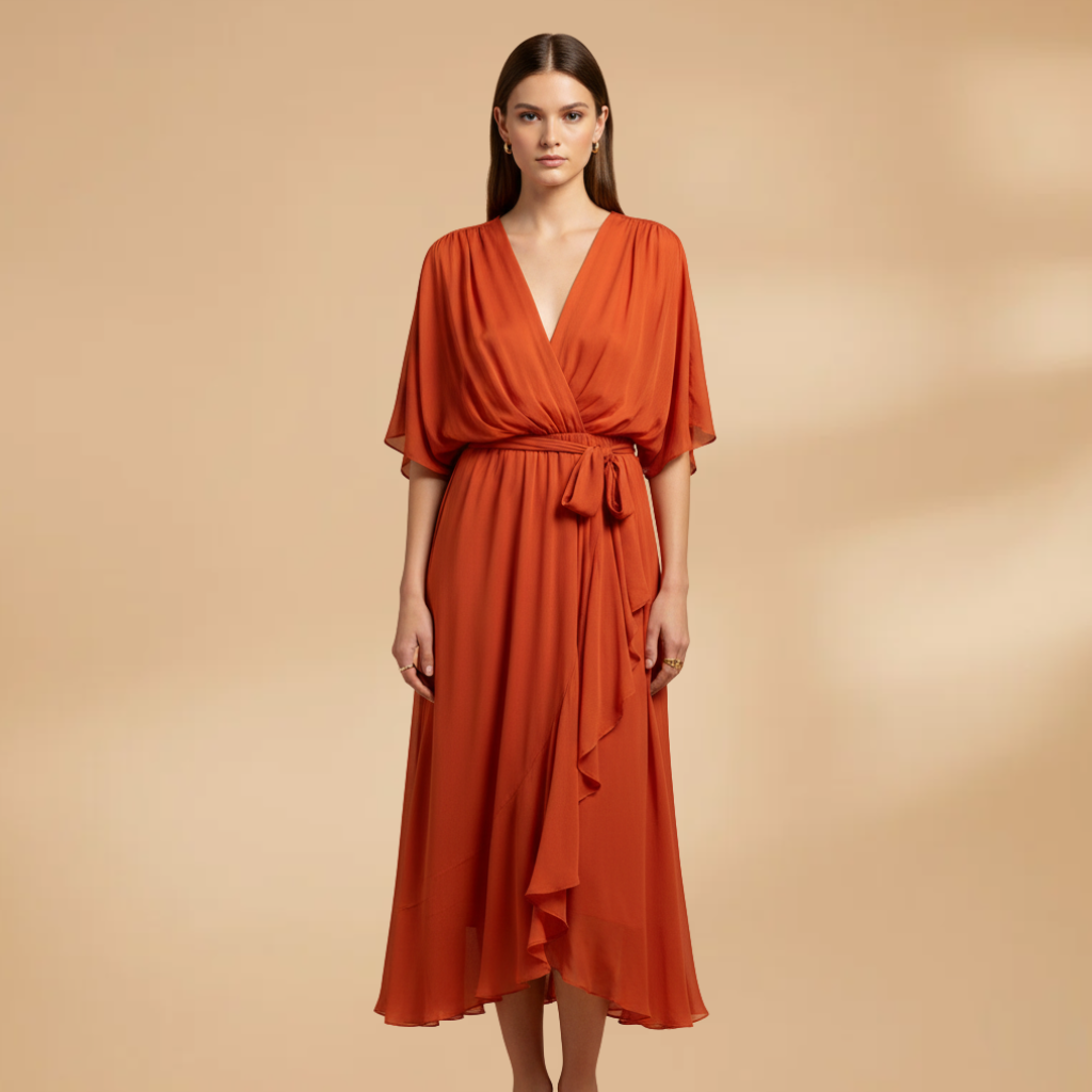 Angela | Vestido de gasa para mujer con cuello en V y vuelo