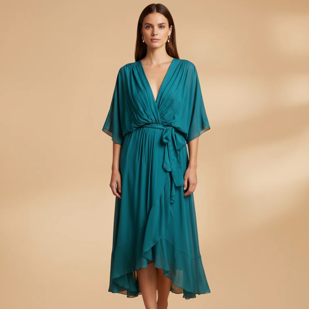 Angela | Vestido de gasa para mujer con cuello en V y vuelo