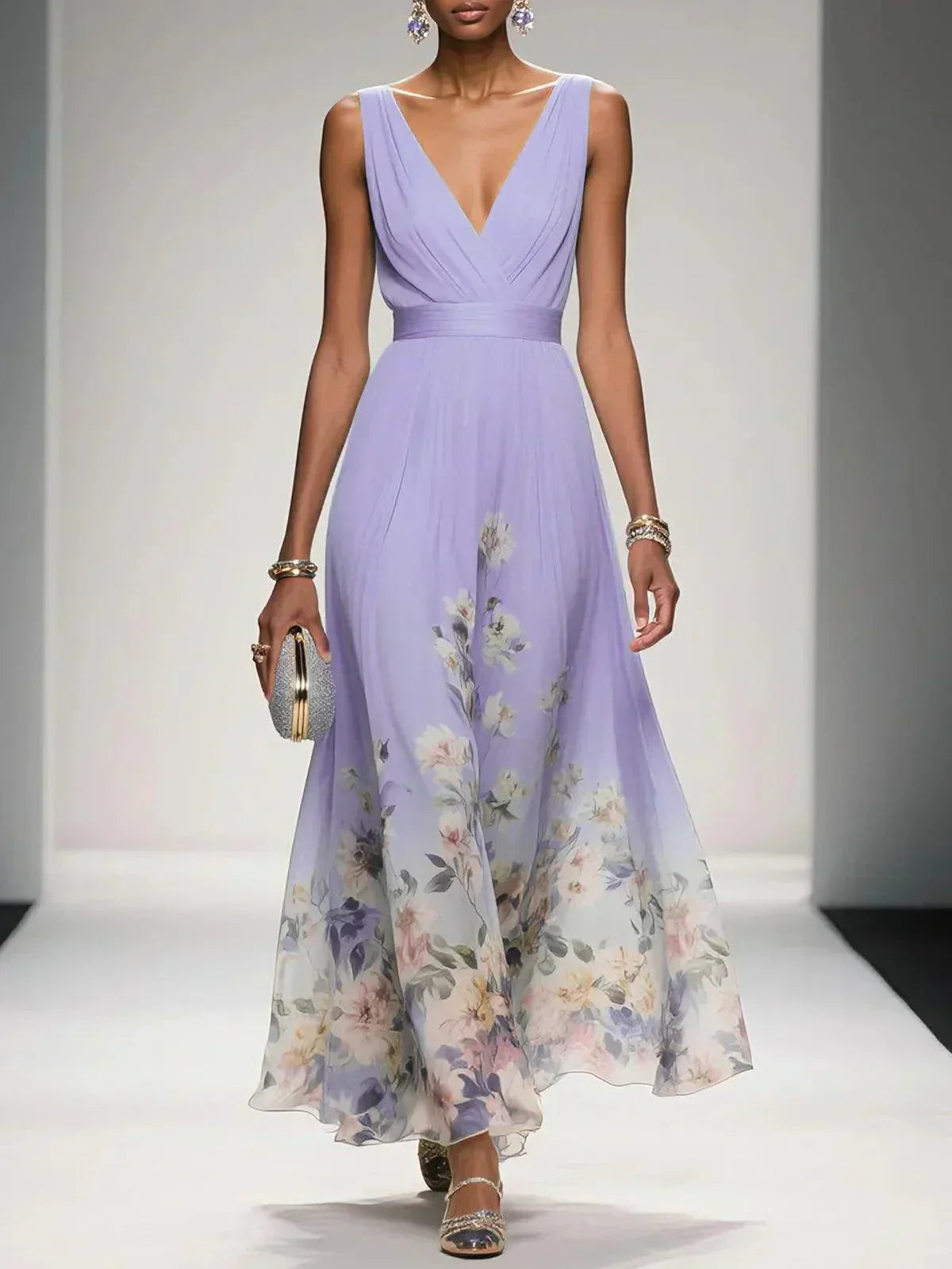 Daniela | Vestido maxi de mujer con estampado floral y escote en V