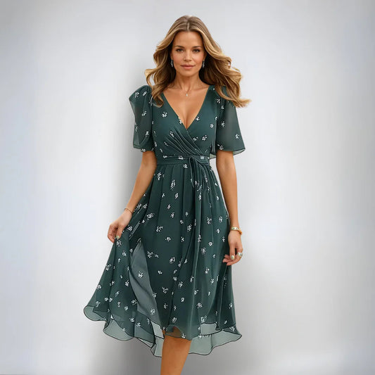 Flerida | Vestido midi con escote en V y mangas cortas | Midi