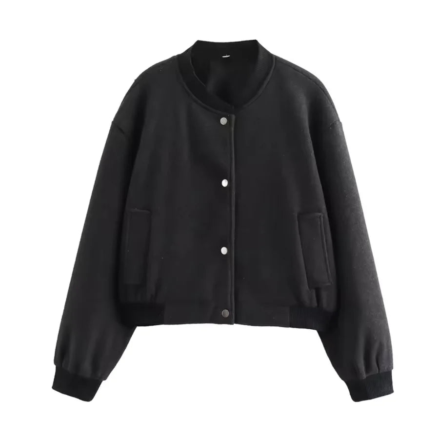 Bomber corta para mujer con botones y plumón, ajuste holgado