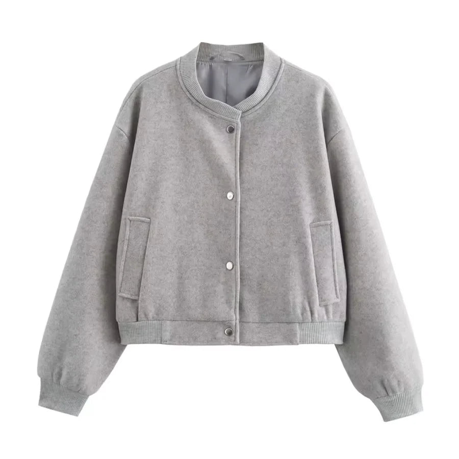 Bomber corta para mujer con botones y plumón, ajuste holgado