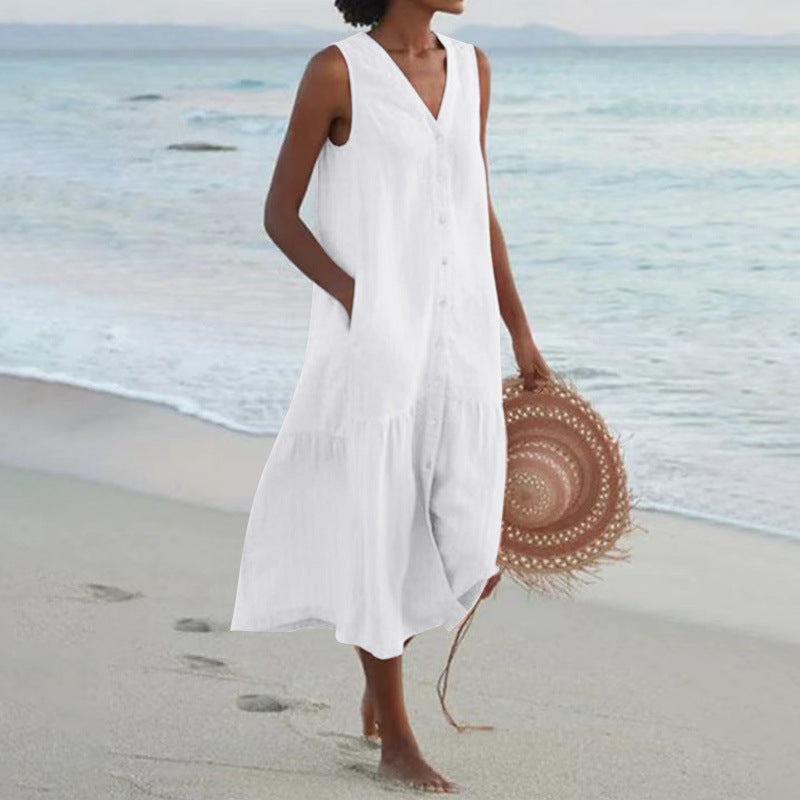 Marisol | Vestido midi para mujer con botones y escote en V
