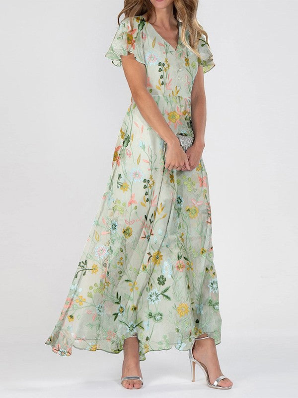 Leah | Vestido Largo con Estampado Floral y Escote en V