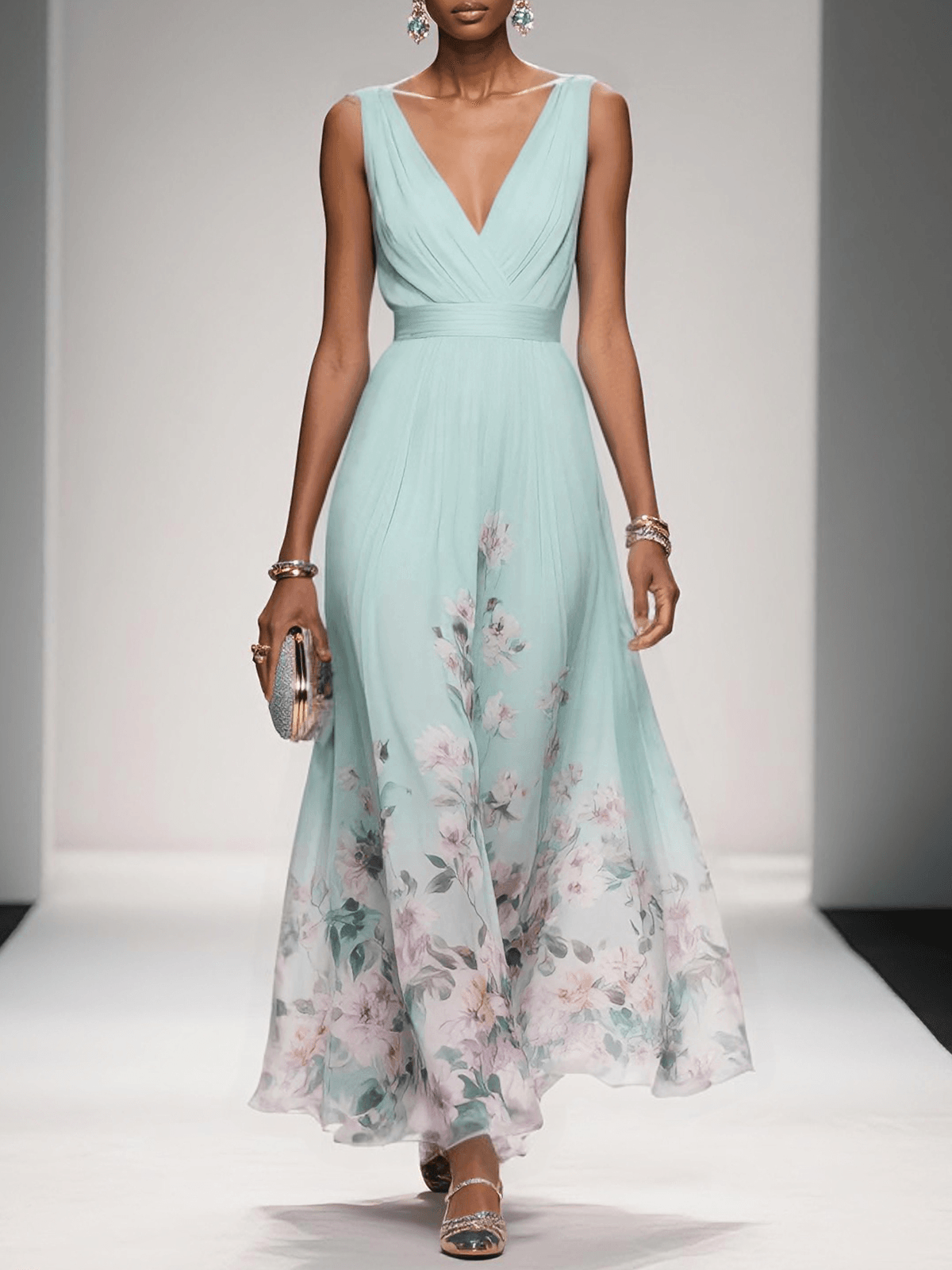 Daniela | Vestido maxi de mujer con estampado floral y escote en V