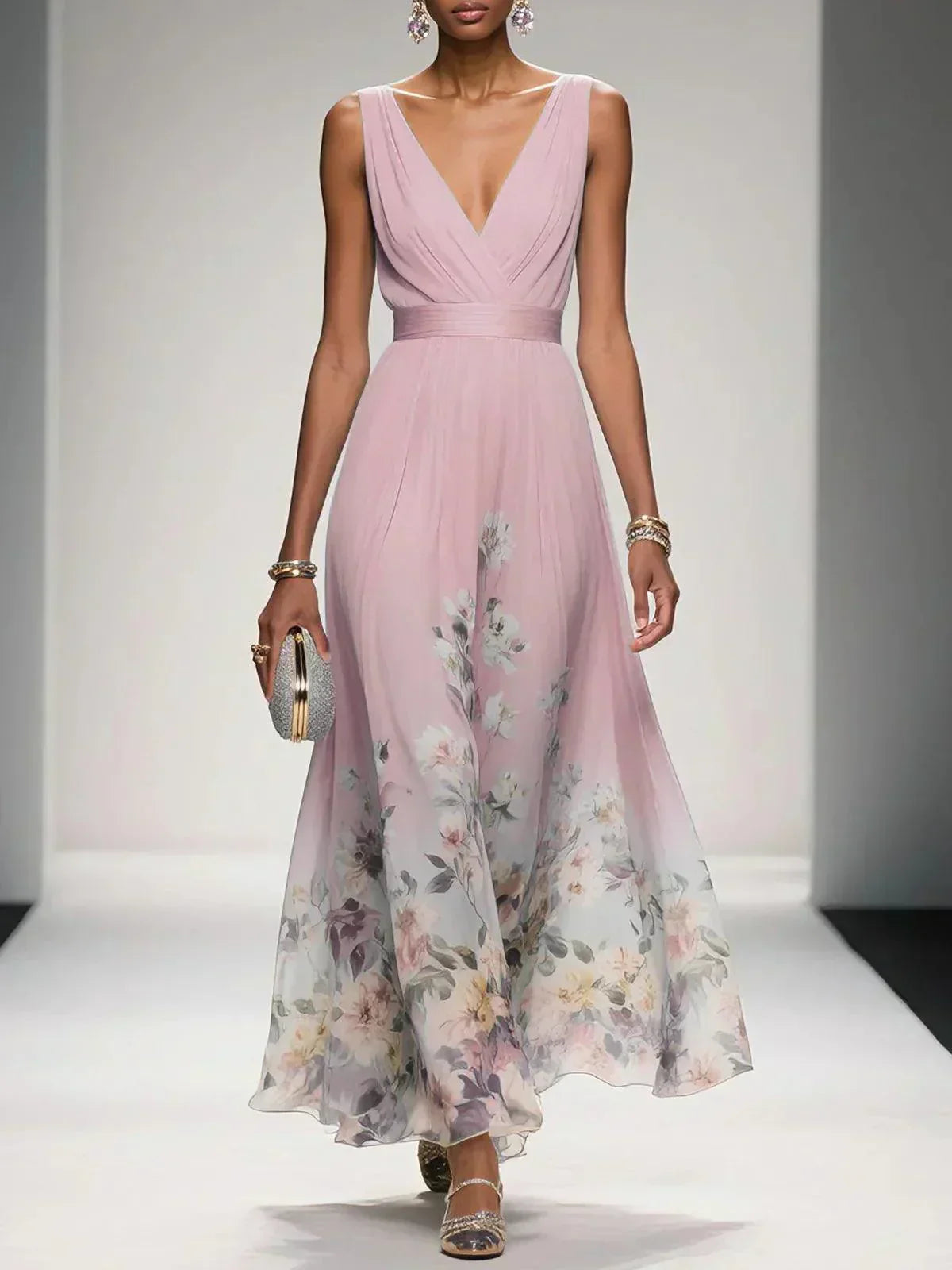 Daniela | Vestido maxi de mujer con estampado floral y escote en V