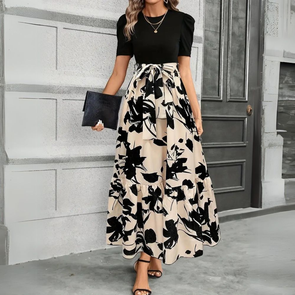 Blanca | Vestido maxi para mujer con mangas abullonadas y lazo