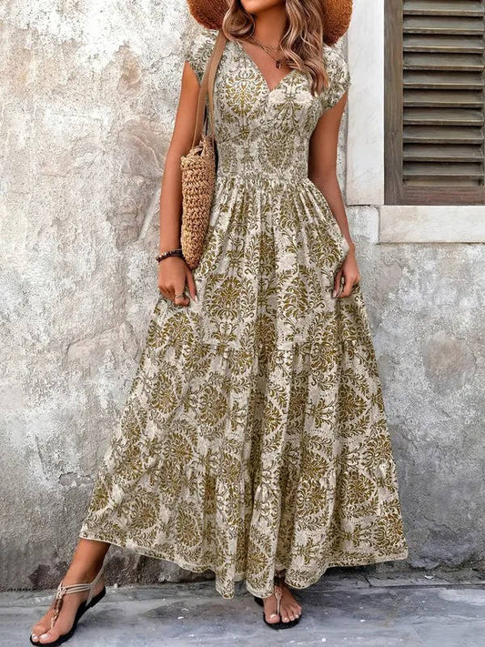 Cristina | Vestido maxi boho para mujer con estampado y fruncido
