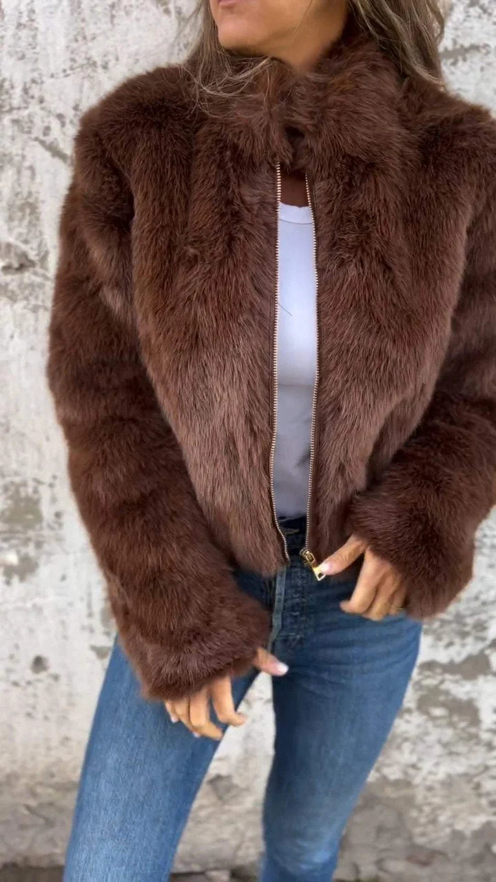 Chaqueta de piel sintética para mujer con cuello alto y cremallera Abrigo elegante y cómodo para días frescos