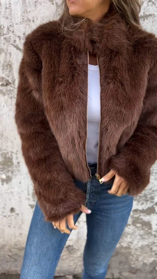 Chaqueta de piel sintética para mujer con cuello alto y cremallera Abrigo elegante y cómodo para días frescos