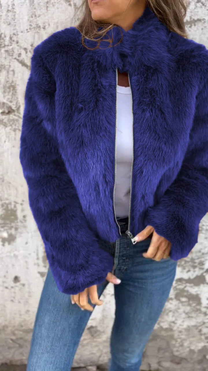 Chaqueta de piel sintética para mujer con cuello alto y cremallera Abrigo elegante y cómodo para días frescos