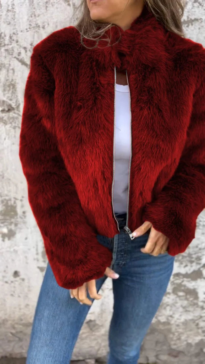 Chaqueta de piel sintética para mujer con cuello alto y cremallera Abrigo elegante y cómodo para días frescos
