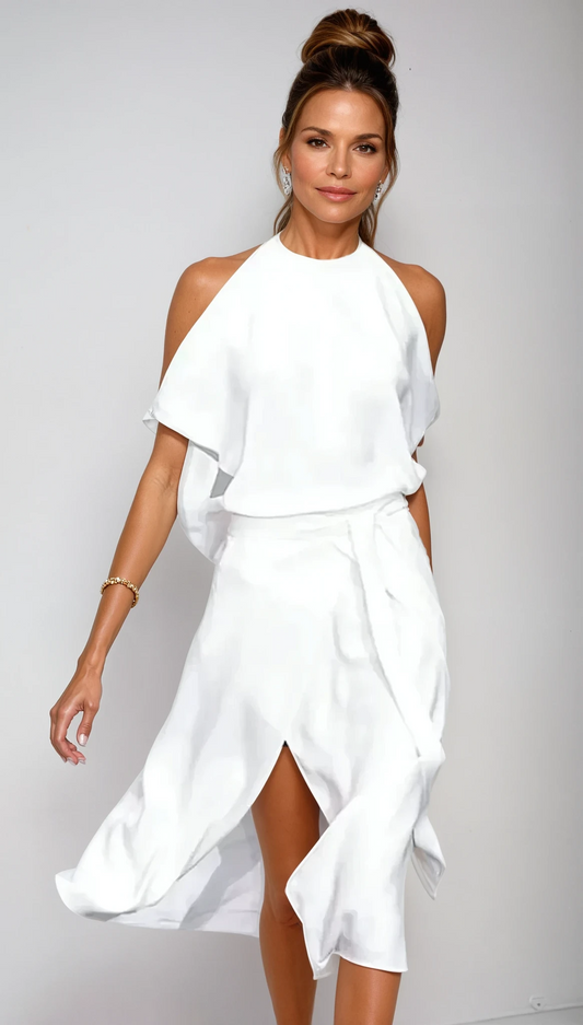 Selendra | Vestido midi moderno para mujer con hombros descubiertos | Moderno