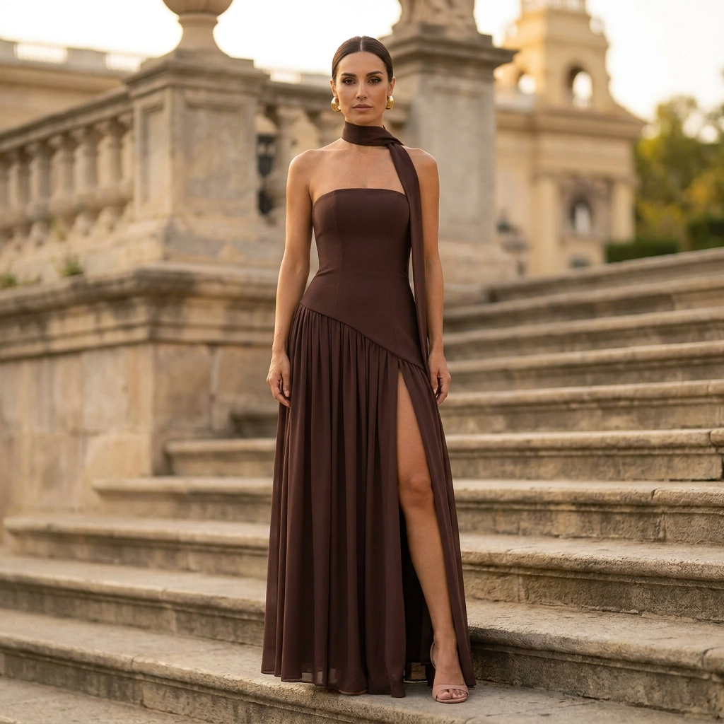Ella | Vestido maxi asimétrico sin tirantes para mujer