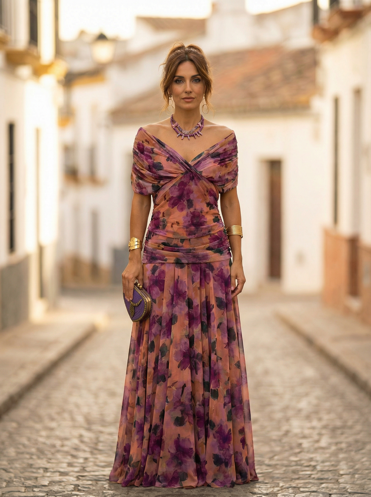 Leo | Vestido largo fruncido para mujer con cuello en V elegante | Boda