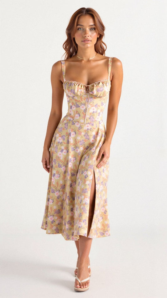 Modesta | Vestido midi con corsé y estampado floral para mujer estilo chic