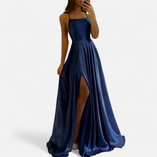 Belina | Vestido maxi de invitada para mujer con abertura y tirantes
